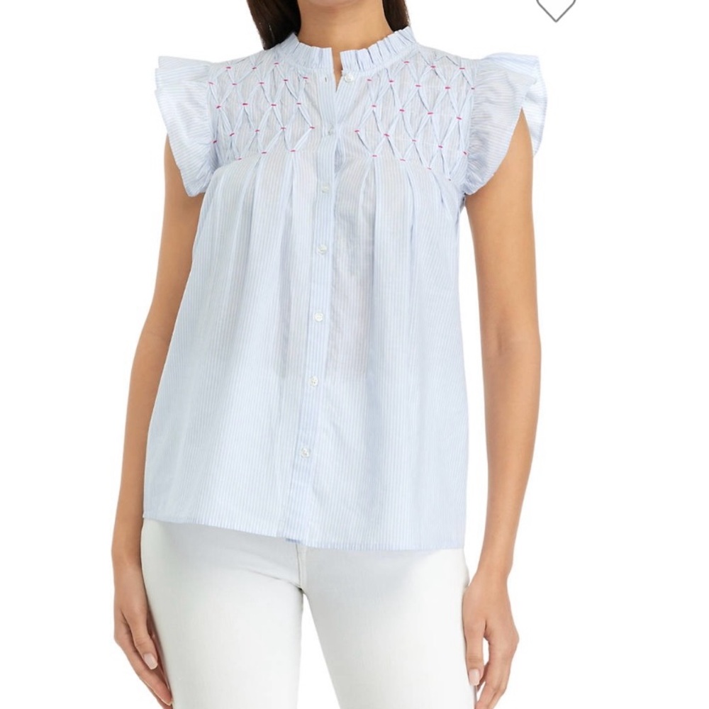 LOFT Women's Blue/White Pinstripe Ruffle Embroidered Button Down Top, size S